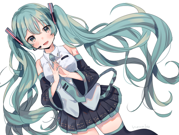 Anime picture 1320x1000 with vocaloid hatsune miku hanako151 single looking at viewer blush open mouth simple background white background twintails signed very long hair :d pleated skirt aqua eyes aqua hair dutch angle zettai ryouiki fingers together girl