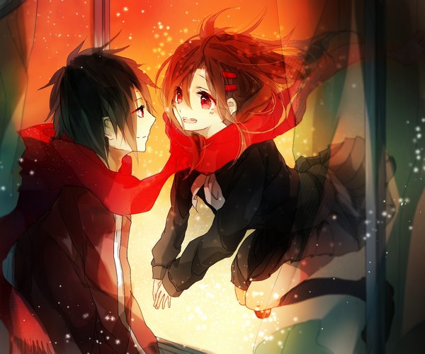 Anime picture 1800x1500 with kagerou project shaft (studio) tateyama ayano kisaragi shintarou fueruto (artist) long hair highres short hair open mouth black hair smile brown hair profile pleated skirt couple face to face shared scarf girl boy skirt