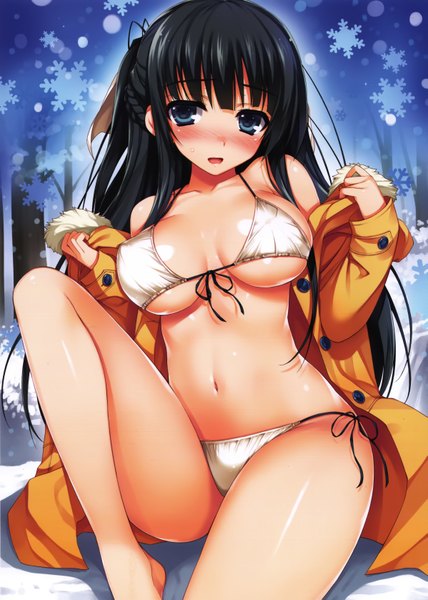 Anime picture 4785x6710 with original tomose shunsaku single long hair tall image blush highres breasts open mouth blue eyes light erotic black hair absurdres scan open clothes open jacket official art girl navel swimsuit