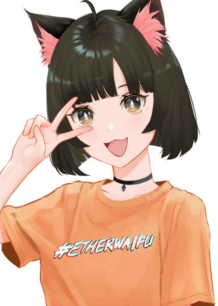 Anime picture 2384x3340 with original hana (jubi) jubi (regiana) single tall image looking at viewer fringe highres short hair open mouth simple background smile brown hair white background brown eyes signed animal ears blunt bangs cat ears victory