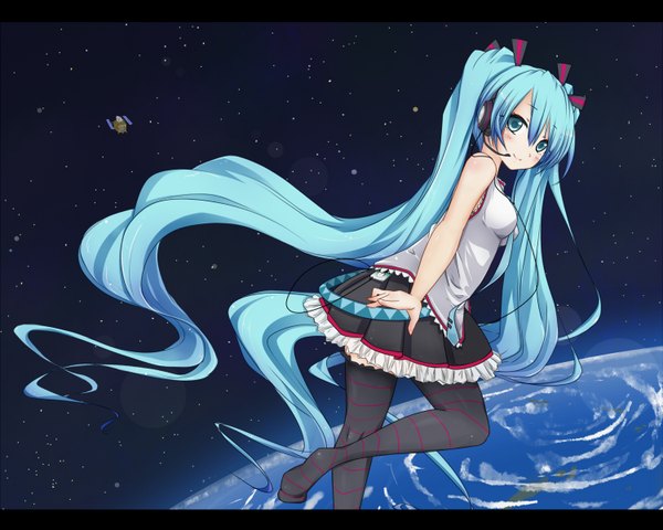 Anime picture 1500x1200 with vocaloid hatsune miku long hair twintails aqua eyes aqua hair space girl headphones planet