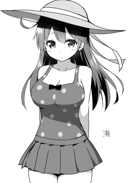 Anime picture 846x1200 with kantai collection ushio destroyer sky-freedom single long hair tall image looking at viewer black hair cleavage pleated skirt character names floating hair monochrome hands behind back polka dot girl skirt swimsuit hat miniskirt