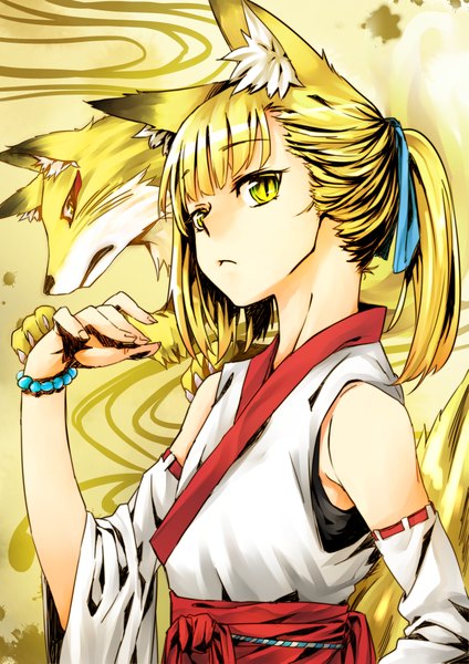 Anime picture 2894x4093 with original ganagoa single long hair tall image looking at viewer fringe highres simple background blonde hair bare shoulders animal ears yellow eyes upper body tail blunt bangs traditional clothes japanese clothes animal tail arm up