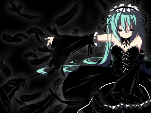 Anime picture 1024x768 with vocaloid hatsune miku yuzuki kei single long hair twintails aqua eyes aqua hair gothic girl dress detached sleeves black dress feather (feathers)