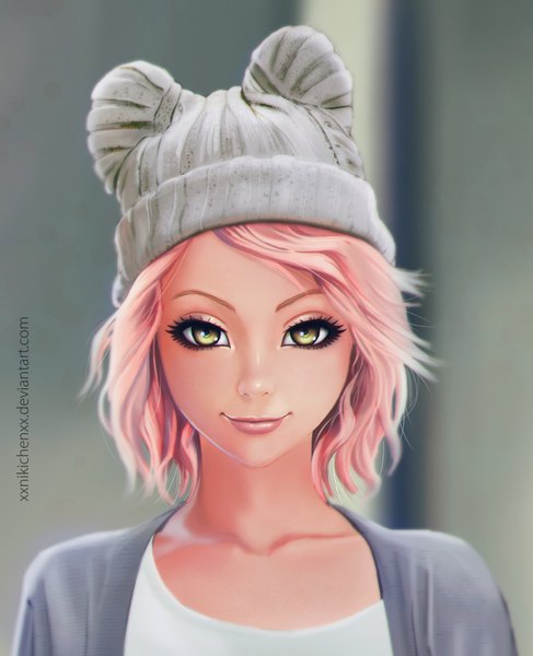 Anime picture 3019x3719 with nikita varb single tall image looking at viewer highres short hair smile yellow eyes pink hair absurdres upper body realistic inscription eyeshadow girl cap clothes