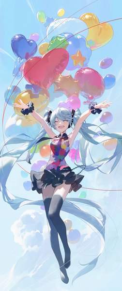 Anime picture 1500x3566 with vocaloid tell your world (vocaloid) hatsune miku modare single tall image open mouth twintails sky cloud (clouds) full body eyes closed very long hair aqua hair spread arms ^ ^ wrist scrunchie ^o^ girl necktie