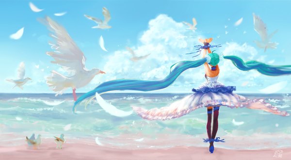 Anime picture 2000x1100 with 7th dragon 2020 vocaloid hatsune miku mikan (artist) highres wide image standing twintails bare shoulders sky cloud (clouds) very long hair multicolored hair from behind beach outstretched arm back gradient hair flying sand