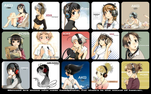 Anime picture 1920x1200 with original headphone + musume ootsuka mahiro long hair highres short hair blue eyes black hair blonde hair red eyes brown hair wide image multiple girls brown eyes yellow eyes cloud (clouds) ponytail braid (braids) eyes closed grey hair