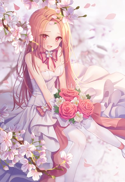 Anime picture 3500x5102 with original kyubi single long hair tall image looking at viewer blush fringe highres breasts open mouth smile red eyes bare shoulders absurdres cleavage :d orange hair sleeveless cherry blossoms