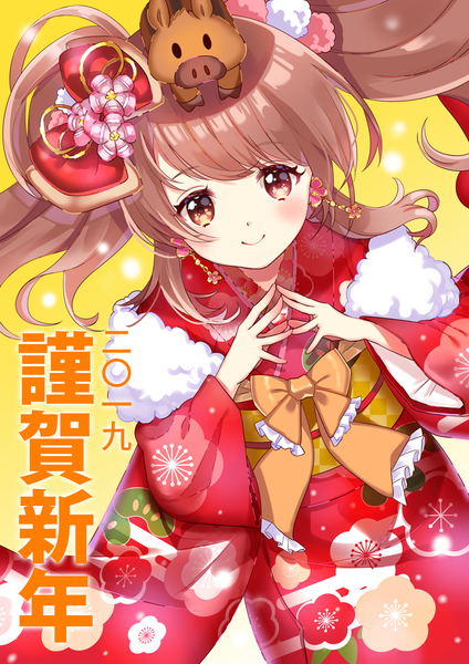Anime picture 800x1131 with original fujishiro kokoa single long hair tall image looking at viewer smile brown hair brown eyes traditional clothes japanese clothes from above new year yellow background fingers together 2019 nengajou animal on head girl hair ornament