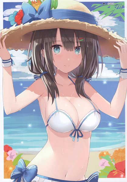 Anime picture 2517x3613 with original rin yuu single long hair tall image looking at viewer blush fringe highres breasts blue eyes light erotic black hair smile hair between eyes large breasts standing twintails sky cloud (clouds)