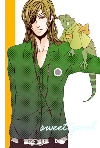 Anime picture 900x1332 with sweet pool nitro+chiral zenya okinaga tagme (artist) single long hair tall image looking at viewer fringe simple background blonde hair white background holding lips polka dot partially open clothes animal on shoulder boy animal shirt