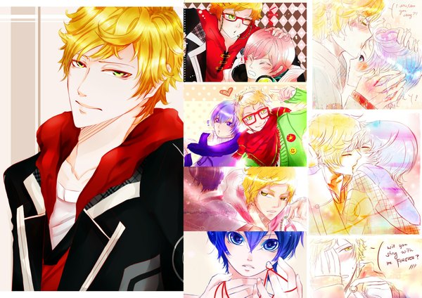 Anime picture 1841x1303 with original tori-ru (artist) blush highres short hair blue eyes blonde hair green eyes yellow eyes blue hair pink hair purple hair eyes closed open clothes open jacket multiple boys hug multiview face to face kiss