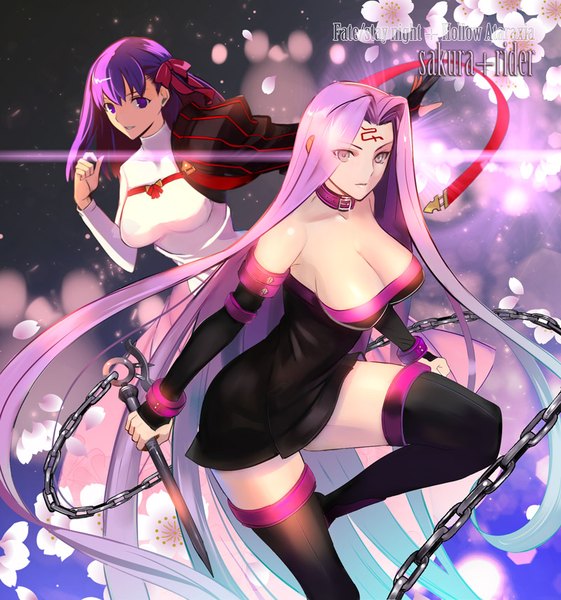 Anime picture 800x855 with fate (series) fate/stay night fate/hollow ataraxia type-moon matou sakura rider astarone long hair tall image looking at viewer fringe breasts light erotic large breasts purple eyes multiple girls purple hair bent knee (knees) very long hair copyright name