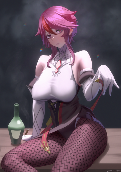 Anime picture 1052x1488 with genshin impact rosaria (genshin impact) echt single tall image looking at viewer blush fringe short hair breasts light erotic hair between eyes red eyes large breasts sitting bare shoulders purple hair multicolored hair arm support streaked hair
