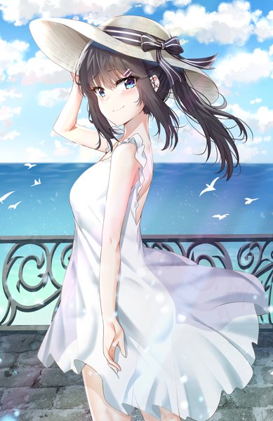 Anime picture 1953x3008 with seishun buta yarou cloverworks sakurajima mai nyung single long hair tall image looking at viewer blush fringe highres blue eyes black hair smile hair between eyes standing bare shoulders payot sky cloud (clouds)