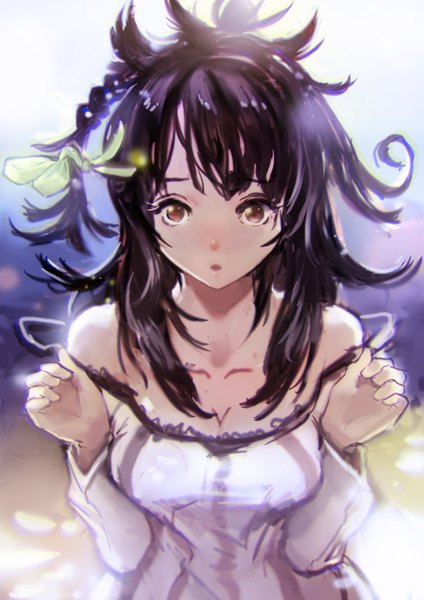 Anime picture 2480x3508 with original okuto single long hair tall image looking at viewer blush fringe highres breasts open mouth black hair bare shoulders brown eyes cleavage upper body braid (braids) :o side braid strap slip