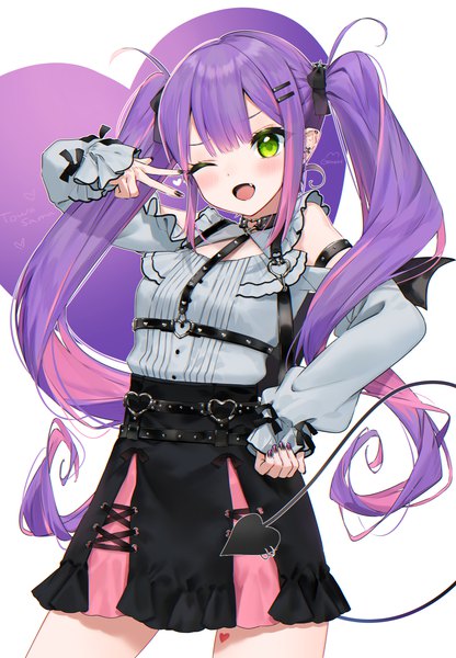 Anime picture 1227x1771 with virtual youtuber hololive tokoyami towa gotoh510 single tall image looking at viewer fringe open mouth simple background standing white background twintails green eyes payot purple hair tail blunt bangs long sleeves very long hair