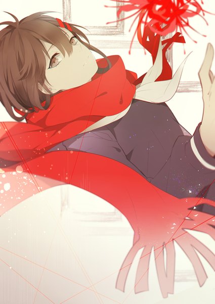 Anime picture 567x800 with kagerou project shaft (studio) tateyama ayano zxs1103 single long hair tall image looking at viewer fringe smile hair between eyes brown hair brown eyes empty picture frame girl uniform flower (flowers) serafuku scarf bobby pin