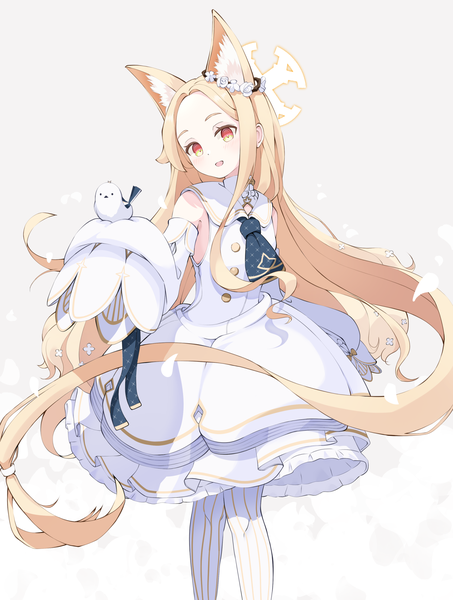Anime picture 1737x2301 with blue archive seia (blue archive) shijima (shijima tc) single tall image highres open mouth simple background blonde hair animal ears yellow eyes long sleeves very long hair :d grey background bird on hand girl dress detached sleeves animal