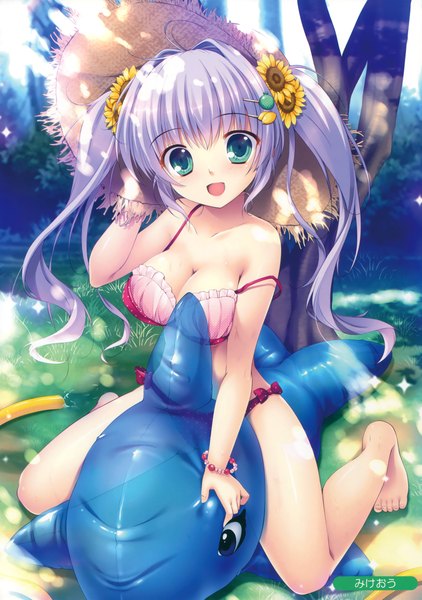 Anime picture 2460x3500 with melonbooks mikeou single long hair tall image looking at viewer highres open mouth blue eyes light erotic sitting twintails blue hair cleavage barefoot hair flower scan arm support spread legs arm behind head