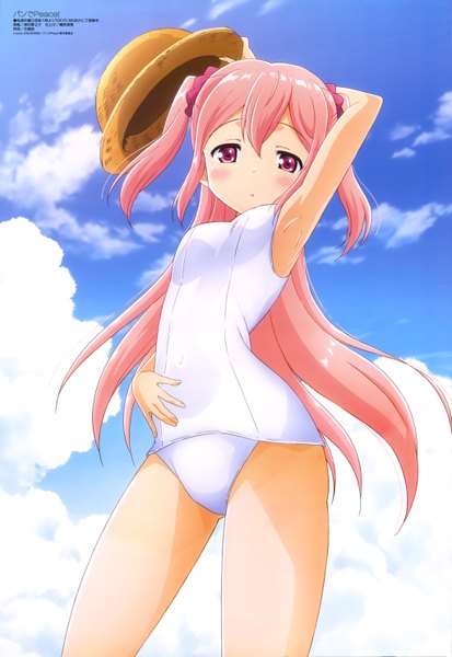 Anime picture 4086x5929 with pan de peace! megami magazine sakura noa single long hair tall image looking at viewer blush highres light erotic purple eyes twintails pink hair absurdres sky cloud (clouds) official art short twintails girl swimsuit