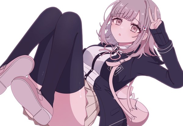 Anime picture 2048x1408 with dangan ronpa super dangan ronpa 2 nanami chiaki chi gu single fringe highres short hair light erotic simple background white background pink hair blunt bangs long sleeves pleated skirt pink eyes open clothes :o sleeves past wrists victory