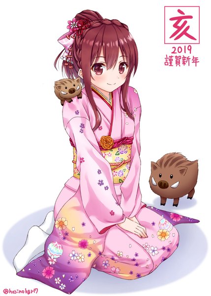 Anime picture 777x1087 with original hoshino kagari single long hair tall image blush fringe simple background hair between eyes brown hair white background sitting brown eyes signed payot braid (braids) traditional clothes japanese clothes twitter username new year