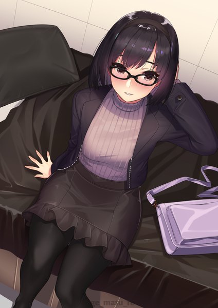 Anime picture 1447x2046 with original kagematsuri single tall image looking at viewer blush fringe short hair black hair sitting brown eyes signed parted lips arm up from above light smile arm support open jacket twitter username arm behind head