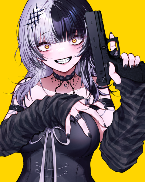Anime picture 2894x3630 with virtual youtuber hololive hololive english shiori novella shiori novella (1st costume) kyaneton single long hair tall image looking at viewer fringe highres black hair simple background smile signed yellow eyes silver hair upper body blunt bangs