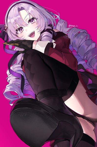 Anime picture 2480x3744 with virtual youtuber nijisanji hyakumantenbara salome hyakumantenbara salome (1st costume) nang z1 single long hair tall image looking at viewer highres open mouth light erotic simple background purple eyes purple hair :d from below drill hair pink background upskirt