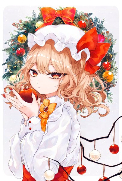 Anime picture 1181x1748 with touhou flandre scarlet katai (nekoneko0720) single tall image looking at viewer short hair blonde hair red eyes white background long sleeves nail polish fingernails one side up christmas long fingernails alternate wings girl hat wings
