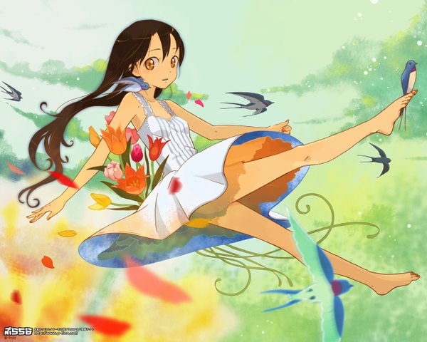 Anime picture 1280x1024 with original tagme (artist) single long hair looking at viewer brown hair bare shoulders brown eyes nail polish barefoot no shoes flying girl flower (flowers) animal petals bird (birds) sundress swallow