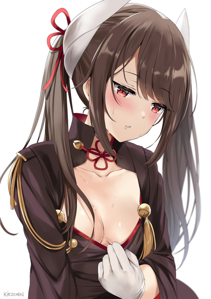 Anime picture 1240x1754 with azur lane haruna (azur lane) kaetzchen single long hair tall image blush breasts light erotic simple background red eyes brown hair white background twintails signed upper body horn (horns) sweat looking down girl