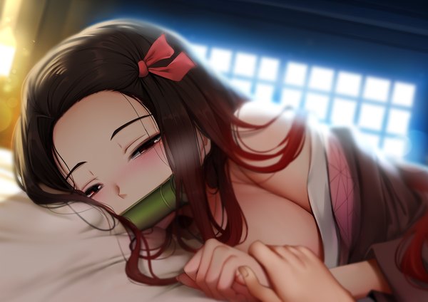 Anime picture 1984x1403 with kimetsu no yaiba ufotable kamado nezuko ginhaha long hair looking at viewer blush highres breasts light erotic black hair red eyes holding indoors lying traditional clothes japanese clothes mouth hold holding hands solo focus
