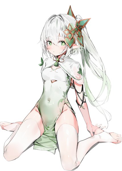 Anime picture 2400x3360 with genshin impact nahida (genshin impact) silver (chenwen) single long hair tall image looking at viewer fringe highres light erotic simple background hair between eyes white background sitting green eyes silver hair braid (braids) pointy ears covered navel side ponytail