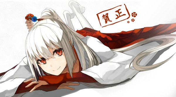Anime picture 1362x755 with original miruto netsuki single looking at viewer fringe simple background smile red eyes wide image white background white hair ponytail lying very long hair traditional clothes japanese clothes barefoot on stomach girl thighhighs