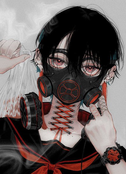 Anime picture 653x899 with original konnpeitou0_0 single tall image looking at viewer fringe short hair black hair simple background hair between eyes holding upper body grey background grey eyes piercing ear piercing smoke transparent headphones around neck boy