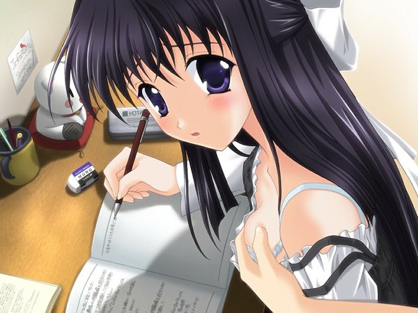 Anime picture 1024x768 with suika (game) long hair light erotic black hair purple eyes game cg breast grab girl