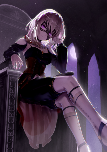 Anime picture 2894x4093 with bang dream! bang dream! it's mygo!!!!! misumi uika xid single tall image looking at viewer highres short hair breasts blonde hair sitting purple eyes indoors night from below night sky crossed legs hand on face girl