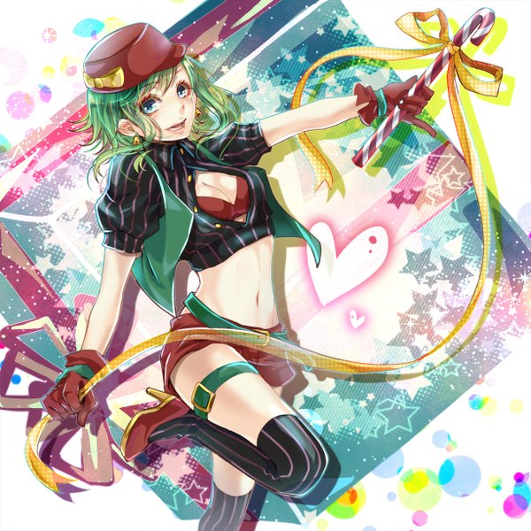 Anime picture 1225x1225 with vocaloid gumi single looking at viewer short hair open mouth blue eyes smile green hair midriff high heels alternate costume girl thighhighs gloves ribbon (ribbons) earrings shorts striped thighhighs candy