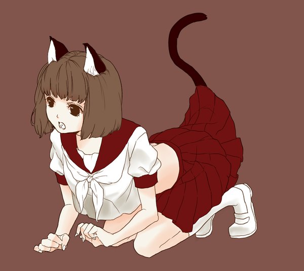 Anime picture 1100x980 with original abararack single fringe short hair open mouth simple background brown hair brown eyes animal ears looking away full body bent knee (knees) tail blunt bangs animal tail pleated skirt fingernails cat ears midriff