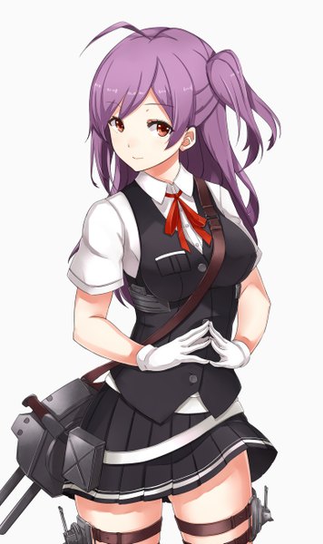 Anime picture 770x1295 with kantai collection hagikaze (kantai collection) asya single long hair tall image looking at viewer simple background red eyes white background purple hair ahoge one side up fingers together girl skirt gloves miniskirt white gloves