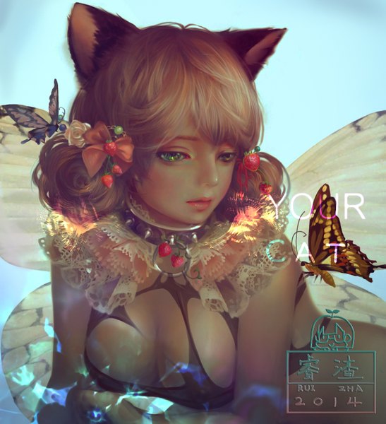 Anime picture 1343x1475 with original 2966441886 (artist) single tall image blush fringe short hair breasts light erotic blonde hair large breasts bare shoulders green eyes animal ears looking away cleavage hair flower lips cat ears arm support