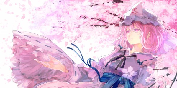 Anime picture 1500x750 with touhou saigyouji yuyuko kotaro-nosuke single short hair wide image looking away pink hair traditional clothes japanese clothes pink eyes cherry blossoms girl ribbon (ribbons) plant (plants) petals tree (trees) kimono bonnet branch