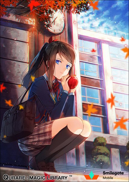 Anime-Bild 640x896 mit qurare: magic library original hakusai (tiahszld) single long hair tall image looking at viewer blush blue eyes smile brown hair holding payot full body outdoors ponytail from below copyright name plaid skirt squat