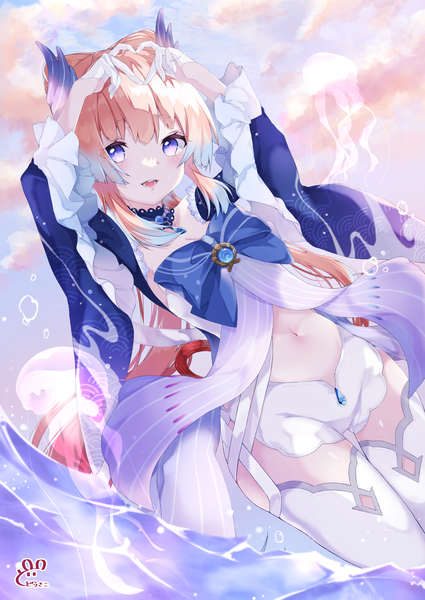 Anime picture 2508x3541 with genshin impact sangonomiya kokomi dodosako single long hair tall image looking at viewer highres purple eyes pink hair arms up bare belly heart hands girl thighhighs gloves white thighhighs shorts white gloves short shorts