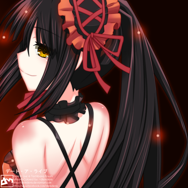 Anime picture 1124x1124 with date a live tokisaki kurumi diemdenis single long hair black hair twintails bare shoulders yellow eyes profile looking back coloring girl headdress