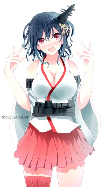 Anime picture 1439x2600 with kantai collection yamashiro battleship tebi (tbd11) single tall image looking at viewer blush short hair breasts open mouth light erotic black hair simple background smile red eyes large breasts white background bare shoulders signed cleavage