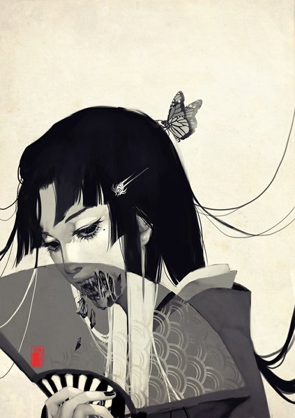 Anime picture 800x1135 with original dark134 single long hair tall image looking at viewer black hair simple background nail polish traditional clothes black eyes mole teeth fang (fangs) mole under eye eating girl hair ornament hairclip insect